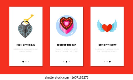 Love symbols flat vector icon set. Heart, lock, key, cake, wing isolated sign pack. Feeling and emotion concept. Vector illustration symbol elements for web design and apps.