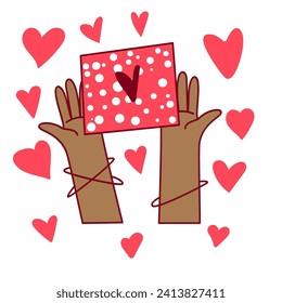 Love symbols. Hands with romantic signs such as hearts and gift. Valentine's day