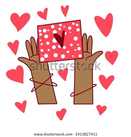 Love symbols. Hands with romantic signs such as hearts and gift. Valentine's day