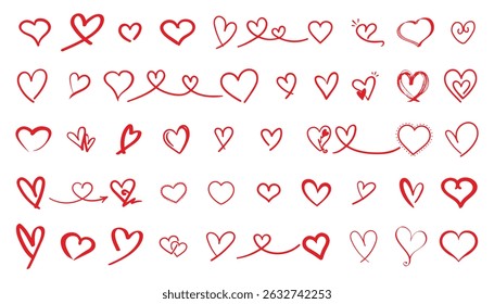 Love symbols, Heart line art set, Doodle hand drawn red heart collection. Heart line art set, hand drawn love symbols, isolated vector clip art set. Design elements for Valentine's day.