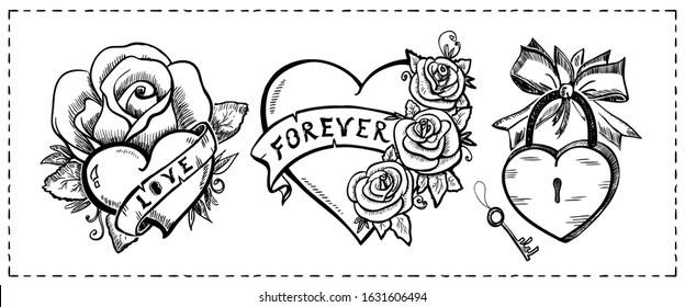 Love symbols - hearts, roses and ribbons, vintage style graphic illustration