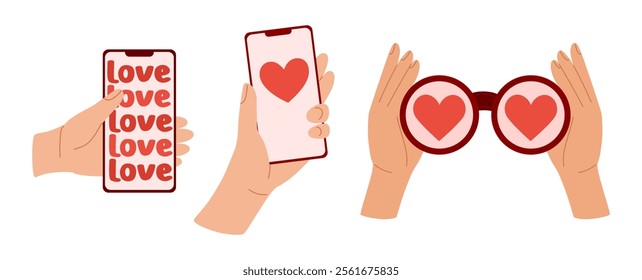 Love symbols, phone with heart and binoculars with heart. Online dating, finding love concept. Romantic elements set. Valentine's day stickers. Flat Vector illustration isolated on white background 