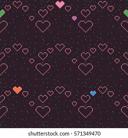 Love symbols pixel pattern, Valentine's Day illustration with hearts over starry night background
