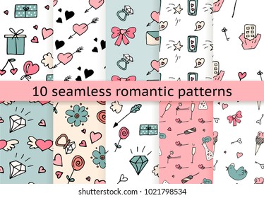 Love symbols Seamless pattern collection. Hand drawn doodles Vector illustration. Can be used for scrapbooking, fashion, cards for wedding, Valentine s day and other romantic occasion.