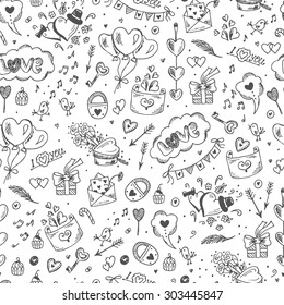 Love symbols Seamless pattern. Hand drawn doodles Vector illustration. Happy Valentine's day. 