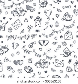 Love symbols Seamless pattern. Hand drawn doodles Vector illustration. Happy Valentine's day.