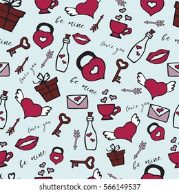 Love symbols Seamless pattern. Hand drawn doodles Vector illustration. Happy Valentine's day.All elements are not cropped and hidden under mask.