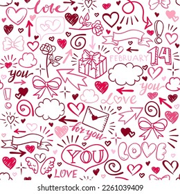 Los símbolos de amor establecen un patrón de dibujo de doodle dibujado a mano vectorial sin fisuras.