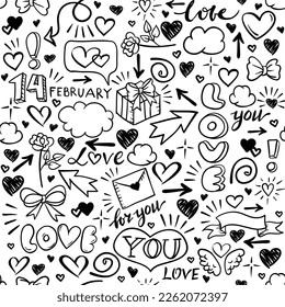 Love symbols set vector hand drawn doodle sketch illustration seamless pattern.