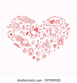 Love symbols. Valentine's Day elements in heart shape. Hand drawn doodles Vector illustration. Happy Valentine's day.