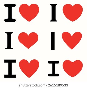I love symbols in various style vector set. Red heart and Bold black letter typography design for valentine's day, romance, emotions, t-shirt, poster, card, sticker, minimal style concept.