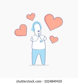 Love, Sympathy, Positive Emotion, Delight, Romantic mood, Amorous Delight. Cute Funny Character in love surrounded by flying Hearts or Likes. Flat outline modern vector illustration.