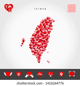 I Love Taiwan. Red and Pink Hearts Pattern Vector Map of Taiwan Isolated on Grey Background. Love Icon Set.