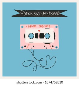 Love tape Valentine's day greeting card, poster. Trendy hand drawn vector card design for web and print. Vintage 90's music tape and a black ribbon with love message. Valentine's day, love concept.