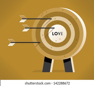 Love Target with hitting bullseye arrows. Concepts: Cupid's love arrows hitting symbol of human heart, wedding, marriage, engagement, Valentines day, honeymoon, online dating, relationships searching.