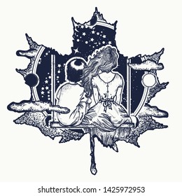 Love tattoo and t-shirt design. Girl and boy in autumn leaves. Symbol of romantic, dream, motivation, adventure, immortal 