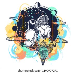 Love tattoo watercolor splashes style. Girl and boy on swing. Concept romantic, dream, motivation, adventure. Couple in love  t-shirt design. Symbol of immortal love 