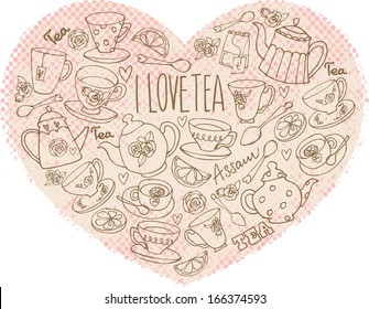 I Love Tea - assorted tea icons in heart shape