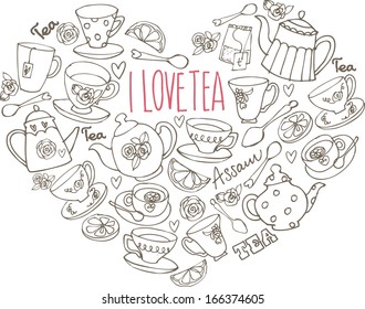 I Love Tea - assorted tea icons in heart shape