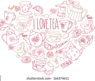 I Love Tea - assorted tea icons in heart shape