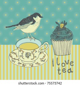 love tea background with cupcake and bird