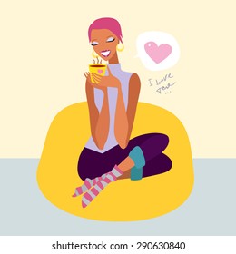 I love tea. Beautiful girl with cup of tea. Vector illustration. 