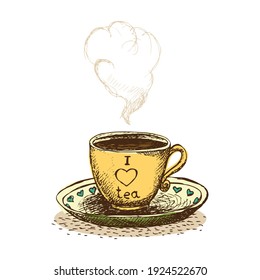 I love tea cup with hot drink doodle vector illustration