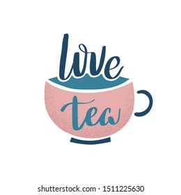 Love tea cup retro cartoon banner with lettering doodle. Love funny poster. Flat font vector graphic design. Lettering text typography. Love, romance concept. Lettering doodle in vintage style