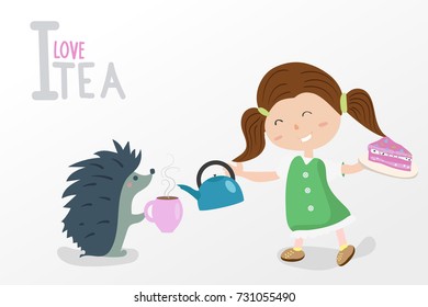 I love tea. the girl pours tea hedgehog. the hedgehog with a girl drinking tea and eating cake.