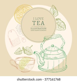 I love tea hand drawn elements vintage sketch vector illustration 