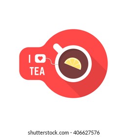 i love tea icon with teacup. concept of tonic, ceramic teapot, wake up, relax, greeting card holiday, awakening. flat style trend modern logotype graphic design vector illustration on white background