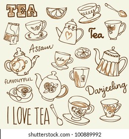 I Love Tea icons doodles vector set