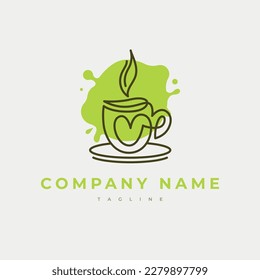 Love Tea Outline Logo. Simply lineart cup of hot drink with steam and heart. Line icon with green a blob. Herbal teatime sign.