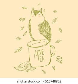 I love tea. Owl drawn from the leaves. vector illustration