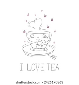 I love tea postcard. A mug hugs a tea bag, and pink hearts fly around.