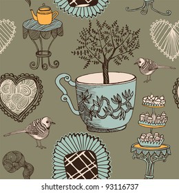 love tea seamless background with bird