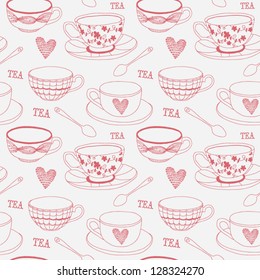 Love tea seamless pattern. Abstract background with tea cup, tea spoon and heart. Vector illustration