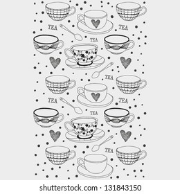 Love tea seamless pattern. Abstract background with tea cup, tea spoon and heart. Afternoon tea drinking pattern. Vector illustration