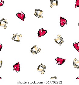 Love tea seamless pattern. Abstract background with tea cup and heart. Vector illustration.