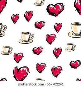 Love tea seamless pattern. Abstract background with tea cup and heart. Vector illustration.