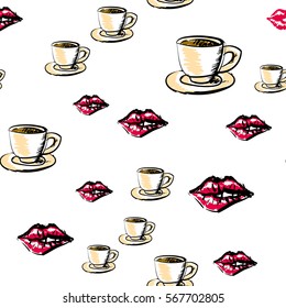 Love tea seamless pattern. Abstract background with tea cup and heart. Vector illustration.