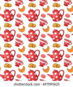 Love tea seamless pattern. Abstract background with red  tea cups, tea pots and sweets. Colorful template for cooking and restaurant menu.
