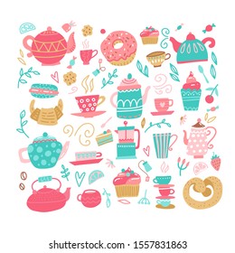 Love tea set with tea drinking elements- teacup, sweeties, candy, cake, teaspoon, teapot, teabag. Vector hand drawn color flat illustration made in cartoon style