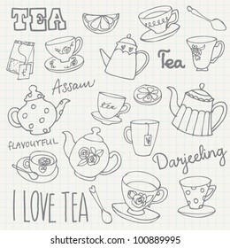 I Love Tea sketchy doodles vector set