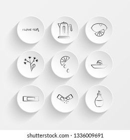 I love tea, text, Kettle, Lemon and Linden hand drow icons on plate illustration set