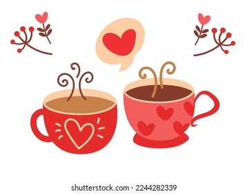 Love tea. Two cups with hot drink. Cups with hearts, branches. Valentine's Day greeting card