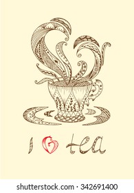 I love tea. Vector tea cup with abstract ornaments. Hand drawn illustration
