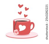 Love teacup or tea cup vector. Red teacup with tea bag label and heart clipart. Romantic valentine day drink. Love element, valentine element flat vector in cartoon style isolated on white background.