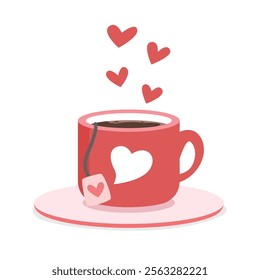 Love teacup or tea cup vector. Red teacup with tea bag label and heart clipart. Romantic valentine day drink. Love element, valentine element flat vector in cartoon style isolated on white background.