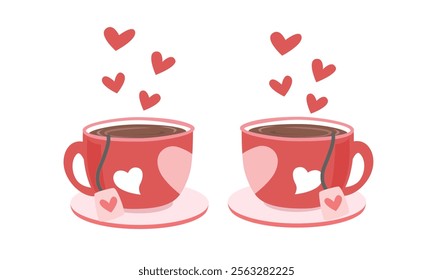 Love teacup or tea cup vector. Red teacup couple with tea bag and heart clipart. Romantic valentine day drink. Love element, valentine element flat vector in cartoon style isolated on white background